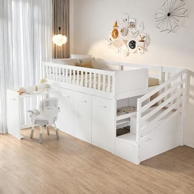 Sapgaks Lit superposé Enfant 90x200,lit cabane Enfants avec Barriere 90x200,lit Mezzanine 1 Place escalier,avec Bureau/penderie/casiers,avec 2 casiers dans l'escalier,pin+MDF,Blanc