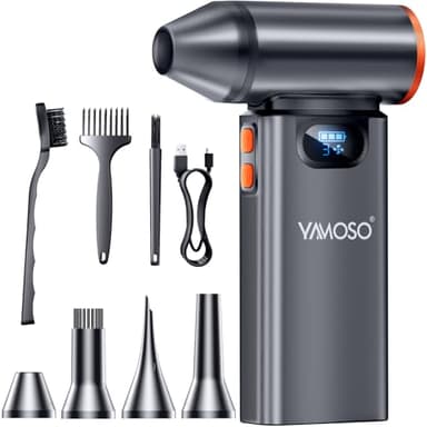 YAMOSO Métal Souffleur Air Comprimé, 180000 TR/Min Dépoussiérants Puissant avec Batterie 8000mAh, Lumière LED, Mini Électrique Souffleur 4 Vitesses sans fil pour Nettoyage PC, Clavier, Voiture, Maison