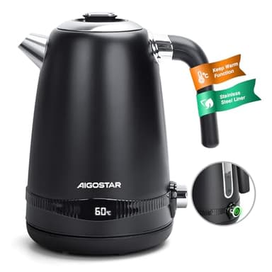 Aigostar Bouilloire Electrique Temperature Reglable inox 1,7L Noire Vintage - Bouilloire électrique 2200W, Fonction de Maintien Au Chaud, ébullition Rapide, Pas de Plastique à L'intérieur, Sans BPA