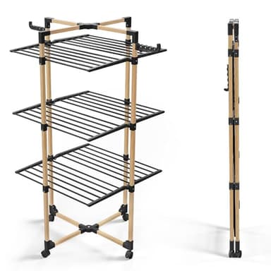 vounot® Séchoir à Linge Tour Pliable à 3 Niveaux Etendoir Linge Grande Capacité 25m de Séchage Séchoir Tancarville avec 4 roulettes 2 Ailes latérales pour Usage Intérieur et Extérieur Noir