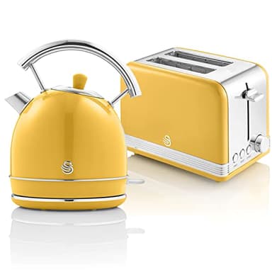 Swan Retro Ensemble Petit-Déjeuner, Bouilloire 1,8L avec Élément Chauffant en Acier INOX, Grille-Pain à Fente Large 2 Tranches, Régulateur de Grillage 6 Niveaux, Design Vintage, Jaune, Taille unique