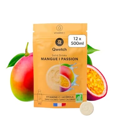 Qwetch SOLID DRINKS BIO – 12 Pastilles d'hydratation avec Vitamine C Naturelle – Boisson Sans Sucres, Sans Calories – Saveurs Mangue & Passion – Vegan, Fabriqué en France