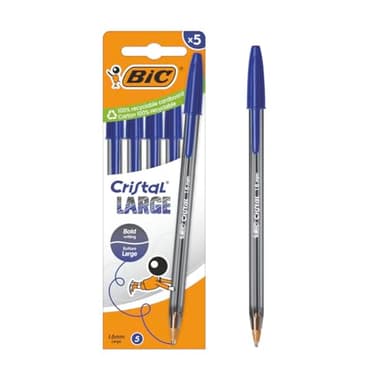 BIC Cristal Large Stylos-bille Pointe Large (1,6 mm) pour une meilleure lisibilité - Encre bleue, pack de 5
