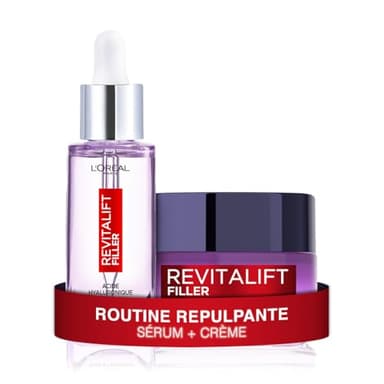 L'Oréal Paris - Coffret Routine 2 Produits Anti-Âge & Anti-Rides - Sérum Repulpant + Soin Jour Volumisant - Enrichi à l’Acide Hyaluronique - Pour Tous Types de Peaux - Revitalift Filler
