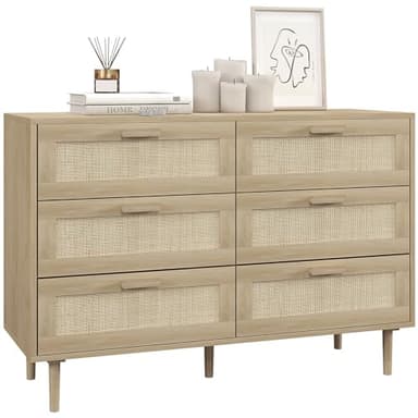 HOMCOM Commode 6 tiroirs Meuble de Rangement avec Tissage en rotin dim. 110L x 40l x 75H cm Aspect Bois Clair