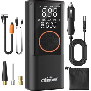 Oasser Gonfleur Pneus Voiture sans Fil 6000mAh Mini Compresseur à Air Portatif 150 PSI (10,3 Bar) Inflation Rapide Cylindre 19 mm Affiche 2 Valeur avec 3M Allume-Cigare 12V et Sac de Rangement