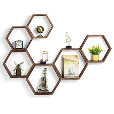 Hexagon Lot de 6 étagères murales en nid d'abeilles en bois pour maisons de ferme, écran en bois, étagères hexagonales, fixées au mur, bureau, décoration marron