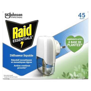 Raid Essentials Diffuseur Électrique Liquide - Répulsif Moustiques et Moustiques Tigres 45 Nuits - Sans Parfum Ajouté - 1 Diffuseur et 1 Recharge