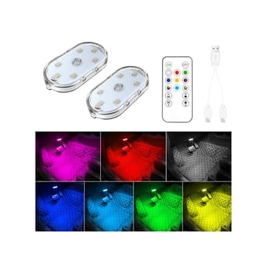 2 PCS LED Lumières pour Voiture avec télécommande, 7 Couleurs Eclairage intérieur, Ambiance Voiture, Lumière LED Portable