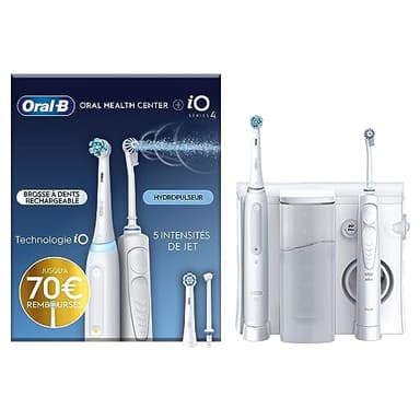 Oral-B Oral Health Center Hydropulseur Dentaire et Brosse à Dents Électrique iO4, Jet Dentaire, 1 Canule Oxyjet, 1 Canule Water Jet, 4 Jets d'Eau et 5 Pressions, 2 Brossettes