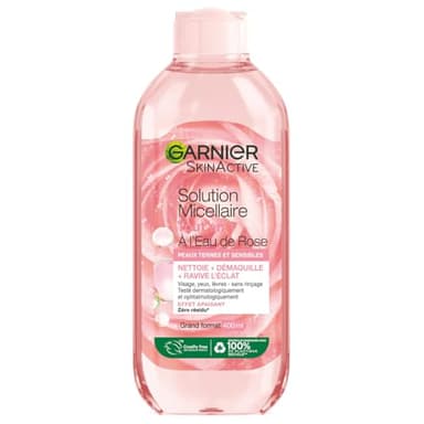 GARNIER Skin Active - Solution Micellaire Tout En 1 - Nettoie, Démaquille, & Ravive L'Éclat - Micelles & Eau de Rose - Vegan & Cruelty Free - Visage, Yeux, Lèvres - Peaux Ternes & Sensibles - 400 ml