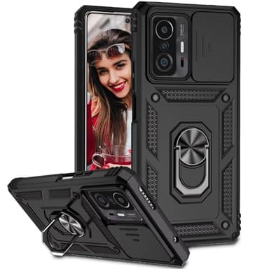 POUHYE Coque pour Xiaomi 11T /11T Pro Étui, Protecteur de Caméra, Armure Rigide Housse 360° Metal Anneau Magnetic Support Étui, PC Dur et TPU Silicone Antichoc Anti-Rayures Case Noir