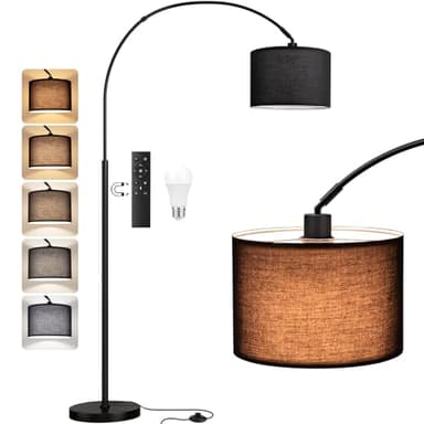 PreeOtti Lampadaire sur Pied Salon, LED E27 Lampe a Pied avec Télécommande, Lampadaire Arc Vintage, 3000K-6000K Intensité Variable pour Salon Chambre Bureau, Abat-jour Noir et Socle Noir, 180cm