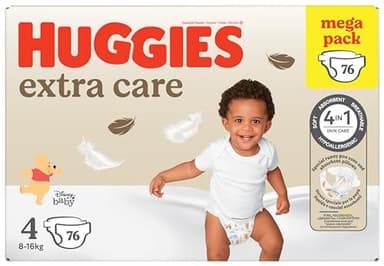 HUGGIES Extra Care - Couches bébé Taille 4 (8/16kg) - Pack de 76 couches - extra doux - barrières anti fuite - facile à changer - hypoallergénique et testé dermatologiquement