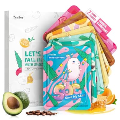 ZealSea Masque Visage Hydratant Naturel, Soin Tissu Doux pour Femme et Enfant Fille, Beauté Kawaii Coréenne, Idéal Anniversaire, Cadeau Fête Pyjama, Routine Peau Sensible, 7 Unités