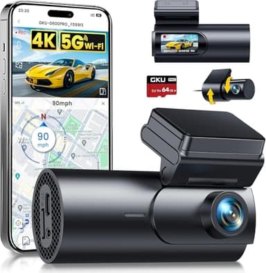 GKU 4K Dashcam Voiture Avant Arrière,5GHz WiFi GPS,2160P+1080P Camera Voiture,1.5'' IPS Caméra Embarquée Voiture avec Carte SD 64G,Grand Angle 170°,Vision Nocturne,WDR,G-Capteur,Mode Stationnement 24H