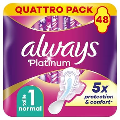Always Platinum Normal (taille 1) Serviettes Avec Ailettes 48 Serviettes, 5 Dimensions De Confort Pour Ne Sentir Rien D’autre Qu’une Protection Optimale