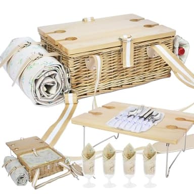 HYBDAMAI Ensemble de panier de pique-nique avec table pliante et couverts - Panier de pique-nique pour 4 personnes, avec sacs isothermes, panier tressé avec anse, panier en osier - Coffret cadeau pour