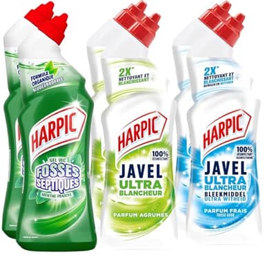 Harpic - Lot de 6 Gels WC Power - Javel + Agrumes + Fosses septiques