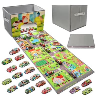 Boîte de Rangement de Voiture avec Tapis de Jeu avec 20 voitures, Pliables avec Poignées Cube Rangement pour Chambre d'enfant, Salle de Jeux,Chambre, Organisateur de Jouets pour garçons et Filles