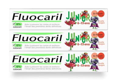 FLUOCARIL - Dentifrice Junior 6-13 ans Anti-Caries Bi-fluoré 145mg - Arôme/Goût Fruits Rouges - Aide à prévenir les caries et renforce l'émail des premières dents définitives (lot de 3x 75ml)