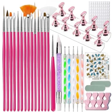 Kit de 31 Pièces Outils de Nail Art, avec 15 pinceaux nail art, 5 Dotting Pen, 3 autocollants pour ongles, 2 polissoirs, 2 séparateurs d'orteils avec support pour ongles, Pour Débutants
