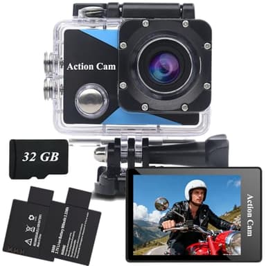 Nvgfelis Caméra Sport Ultra HD 1080P, 12MP avec Carte de Mémoire 32GB, Écran LCD 2", Caméra Action 30M, 2 Batteries & Accessoires pour Casque/Vélo, etc.