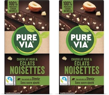 Pure Via Tablette Chocolat Noir & Éclats Noisettes à la stevia, sans sucre ajouté, Équitable 100g (Lot de 2)