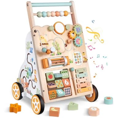 Chariot de Marche en Bois pour Bébé – Jouet Montessori à Trotteur avec Centre d’Activités – Hauteur et Vitesse Réglables – pour Fille et Garçon de 12 Mois et Plus (Naturelle)