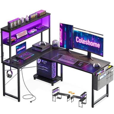 Coleshome Bureau Gaming Angle avec LED et Prises, 135 × 100 cm Bureau Gaming Réversible avec Étagères, Table en L avec Sac de Rangement et Crochet pour Le Travail à Domicile et Gaming, Noir
