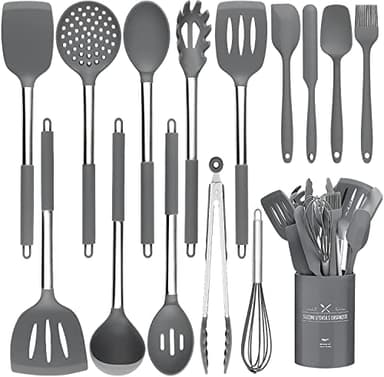 Batterie de cuisine en silicone résistant à la chaleur de 15 pièces avec poignées en acier inoxydable de qualité supérieure pour la cuisson et la cuisson
