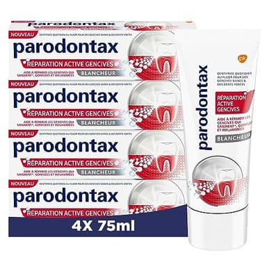 PARODONTAX - Dentifrice Réparation Active Gencives Blancheur - Pour les Gencives Enflammées, Gonflées ou Qui Saignent - Effet Prouvé Dès 1 Semaine* - 62 % de Bicarbonate de Sodium - 4 x 75 ml