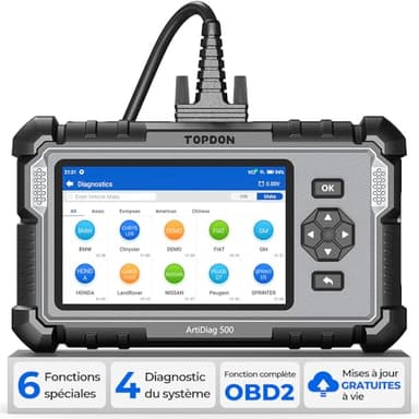 TOPDON OBD2 Valise Diagnostic Auto AD500, Outils Diagnostic OBD-II 4 Systèmes Moteur/ABS/SRS/Transmission, 6 Fonctions de réinitialisation (Huile/SAS/BMS/TPMS/ETC/Frein), Mise à Jour Gratuite