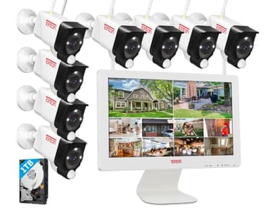 【Capteur de Chaleur PIR + émetteur LED】 Caméra de Surveillance Tonton 3MP All-in-One WiFi avec Moniteur LCD 15,6 Pouces, NVR 8 canaux avec 8PCS Caméras IP CCTV 3MP Disque Dur Externe de 1 to