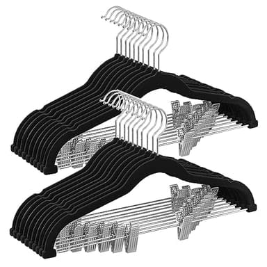 SONGMICS Cintres pour Pantalons, Lot de 20, en Velours, Longueur 42,5 cm, avec Pinces Réglables, Antiglisse, Gain de Place, pour Pantalons, Manteaux, Robes, Noir CRF012B20