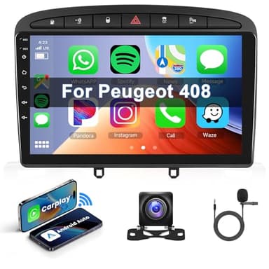Hodozzy Android Autoradio pour Peugeot 308 308SW 408 2007-2015 Voiture Radio Carplay sans Fil Android Auto, 32G 9 Pouces Écran Tactile Bluetooth HiFi GPS WiFi FM RDS Caméra Écran pour Peugeot 408/308