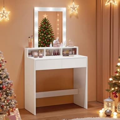 VASAGLE Kailyn Collection - Coiffeuse, Miroir LED à Luminosité Réglable, Table de Maquillage avec Miroir, 2 Tiroirs et 3 Compartiments, Coin Beauté, Style Moderne, Blanc RDT114W01