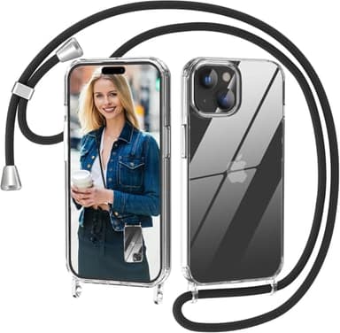 Nupcknn Coque avec Cordon pour iPhone 15, Transparente Anti-Jaunissement Coque Antichoc Housse Collier Réglable Téléphone Étui Portable Lanyard Case Protection Complète Cover(6.1",Noir)
