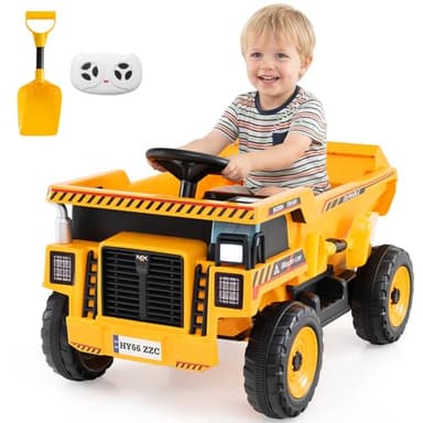 COSTWAY 24V Camion Benne Électrique Enfant avec Benne & Pelle, Voiture Électrique avec Télécommande & Klaxon, Musique & Lumière, 1,6-5 km/h, Démarrage Progressif, Charge 30kg pour 3-8 Ans