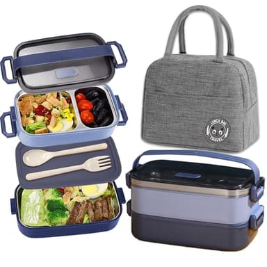 Haoh Bento Lunch Box avec Sac Lunch, 1100ml 2 Etages Boite Repas avec Compartiments Inox, Hermétique Boîtes Bento pour Pique Nique, Travail, Goûter, Ecole(Bleu)
