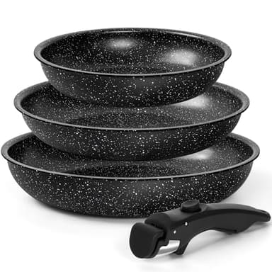 Jeu de 3 Poêles Antiadhésives MICHELANGELO à Revêtement Granit et Manche Amovible, 20-24-28 cm, Sans PFOA, Allant au Four, Noir