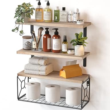Pipishell Lot de 3 Étagère Murale Bois avec Panier de Rangement en Fil métallique, étagères de Salle de Bain de pour Salle de Bain/Cuisine/Salon/Bureau, Lot de 3 + 1 (Rustique)