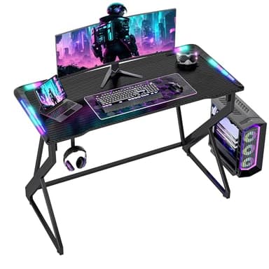 BEXEVUE Bureau Gaming avec LED Armor, 100x50 cm Bureau Informatique RGB avec Surface en Fibre de Carbone et Design en Cadre en Z, Bureau PC Gamer avec Crochet pour Casque, Noir