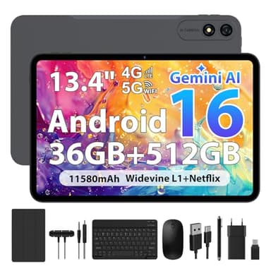 WOREGOO Tablette Android 16 de 13,4 Pouces, 4G LTE et Wi-FI 5G, Tablet Octa-Core, 36Go RAM+512Go ROM (1To TF), Affichage 2000x1200, Widevine L1/8+13 MP/11580 mAh/GMS/GPS, avec Clavier+Souris (Gris)