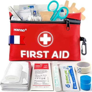 HONYAO Trousse de Secours 105 Pièces, Trousse à Pharmacie Voyage, Kit de Premier Secours pour Maison Randonnée Voiture Camping Enfant Lieu de Travail, Rouge