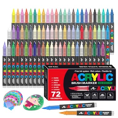 Efimeso 72 Couleurs Feutre Acrylique, Marqueur Peinture Acrylique à Pinceau à Base D'eau, Acrylic Paint Marker pour Roche, Toile, Bois, Pierre, Céramique, Verre, Tissu
