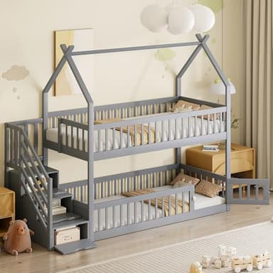 Merax Lit superposé, 90 x 200 cm, avec toit, escalier de sécurité, lit simple, en bois, avec espace de rangement, pour enfants et adolescents, multifonction, peu encombrant, structure en bois, gris