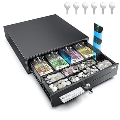 Tera Tiroir-Caisse Métallique Verrouillable avec Monnayeur: 41 × 41,6 × 11,3 cm 4 Compartiments Billets 8 Pièces avec Insert RJ12 Clés pour Caisse Enregistreuse Commerce Supermarché M415