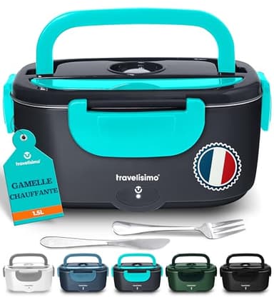 TRAVELISIMO Gamelle Chauffante 80W Lunch Box Chauffante 1,5L Chauffe Plat Electrique 3 en 1 220V 24V 12V, Marmite Electrique, Acier Inoxydable, Chauffe plat Voiture pour Voyage et Bureau