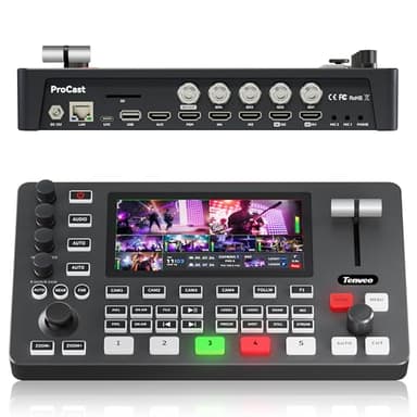 Tenveo Video Mixer Switcher, Mélangeur Commutateur Vidéo 4K 60FPS Streaming Live, Écran FHD 5.5”, 4X SDI et 4X HDMI Entrées, Sortie 1080P 60FPS, Enregistrement USB, Support Caméra PTZ et Contrôleur